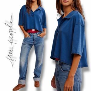 Free People Women’s Denmark Bellwether Blue Cropped Polo Shirt in Size X-Large